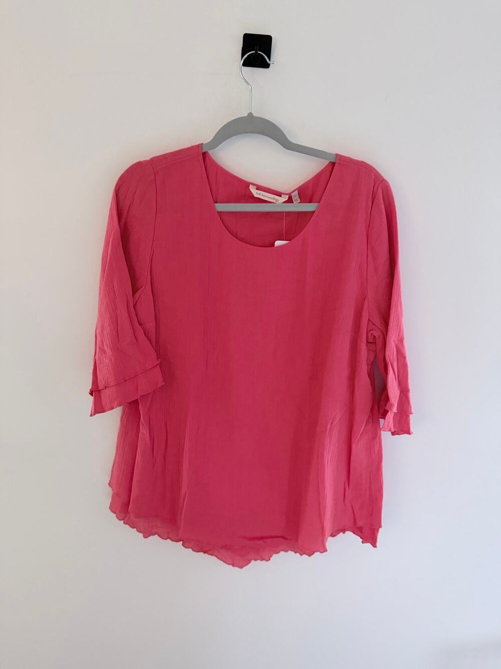 NWT Soft Surroundings 3/4 Sleeve Coral Pink Tiered Ruffle Top-Size L